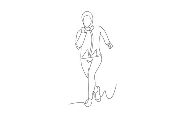 Muslim woman wearing hijab jogging. Hijabi jogging concept one-line drawing