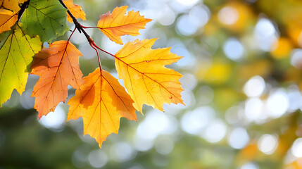 Fototapeta premium Autumn Leaves On Branch In Warm Sunlight