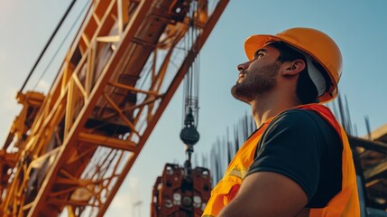A Hispanic construction worker inspecting a crane before operation. Featuring safety and thoroughness