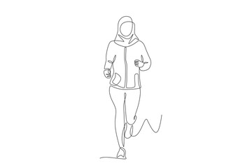 Muslim woman wearing hijab jogging. Hijabi jogging concept one-line drawing