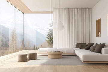 Sala de estar minimalista com paredes de concreto aparente, iluminação embutida no teto, janelas amplas com vista urbana e decoração neutra, IA generativa