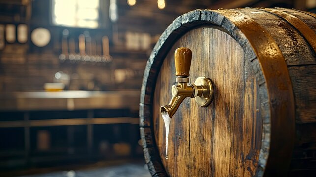 Vintage-style wooden beer barrel with brass tap against rustic backdrop   - Powered by Adobe