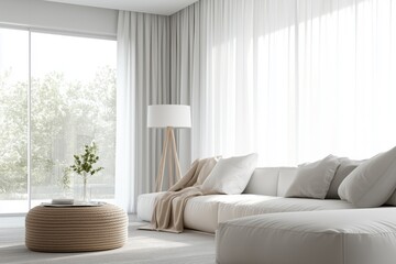 Sala de estar minimalista com paredes de concreto aparente, iluminação embutida no teto, janelas amplas com vista urbana e decoração neutra, IA generativa