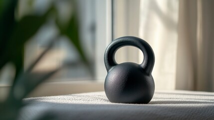 Medium shot of a single black kettlebell on a soft neutral surface  