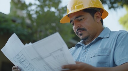 A Hispanic construction worker inspecting construction site plans. Featuring attention to detail and planning