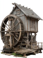 Old Wooden Water Mill on White Background, Photograph. Rustic, historic structure. Traditional architecture, water power concept. Weathered wood, river mill.