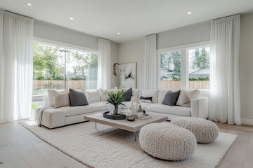 Sala de estar minimalista com paredes de concreto aparente, iluminação embutida no teto, janelas amplas com vista urbana e decoração neutra, IA generativa