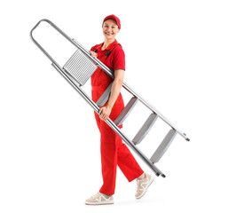 Female worker carrying stepladder on white background
