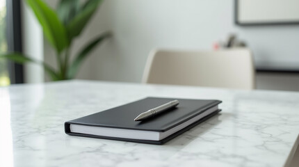 Minimalist Black Notebook and a pen on Marble Table