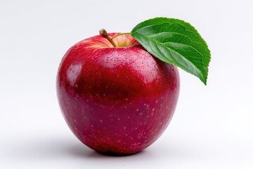 A vibrant red apple stands alone against a white backdrop, complete with a green leaf, showcasing its freshness and appeal, ready for any design project.