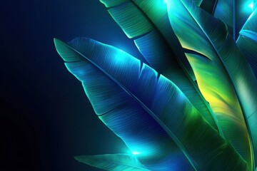 Bioluminescent tropical banana leaves in a luminous jungle nature photography nighttime vibrant colors