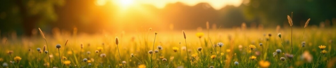 Warm sunlight casts a soft glow on a misty meadow, natural light, misty landscape, blurred background