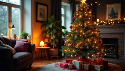 Christmas tree decorated with festive lights and ornaments in a cozy room , cozy, festive