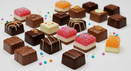 various chocolate sweets, with different coatings, bonbons with a white background candy