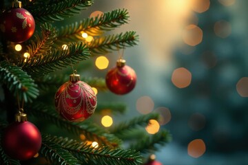 Christmas tree branches with ornaments hanging gold, decor, ornaments