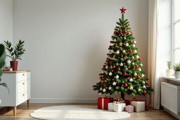 Christmas tree standing tall in a minimalist bedroom with simple white furniture and subtle holiday decorations , winter, bedroom