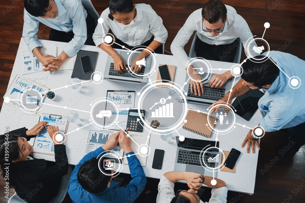 Poster top view analyst team utilizing bi fintech to analyze financial data at table in meeting room. analy