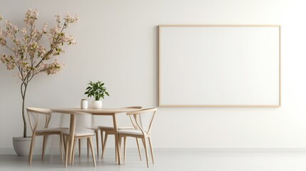 A modern dining set with wooden chairs and round table in a minimalist living room, potted plant and framed artwork on white wall, and bright interior design concept.