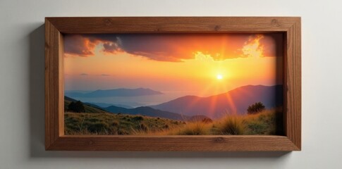 Wooden frame with a single photo of a serene landscape at sunset, serene, sunset