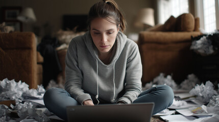 Focused young caucasian female freelancer working at home amidst creative chaos concept of remote work, study environments, productivity solutions