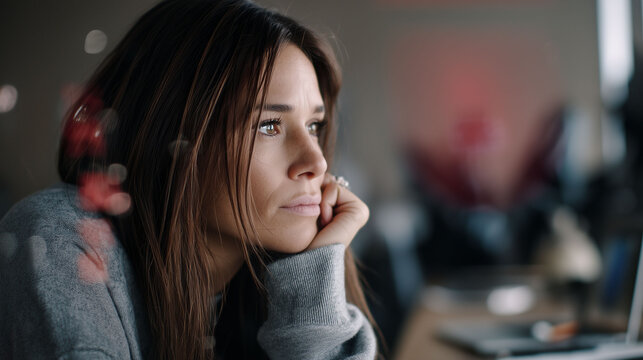 Pensive young caucasian female in office setting with copyspace, concept of thoughtfulness for creative businesses, mental health awareness, life coaching