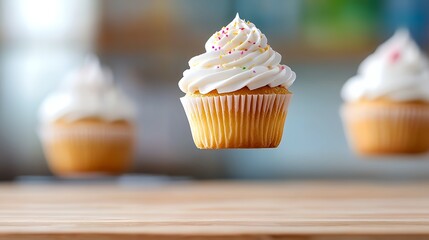 Suspended cupcake with white frosting and sprinkles