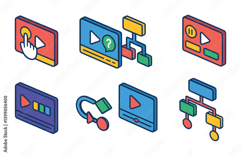Aufkleber isometric flat vector set of icons of interactive video: clickable hotspot, quiz in video, decision 
