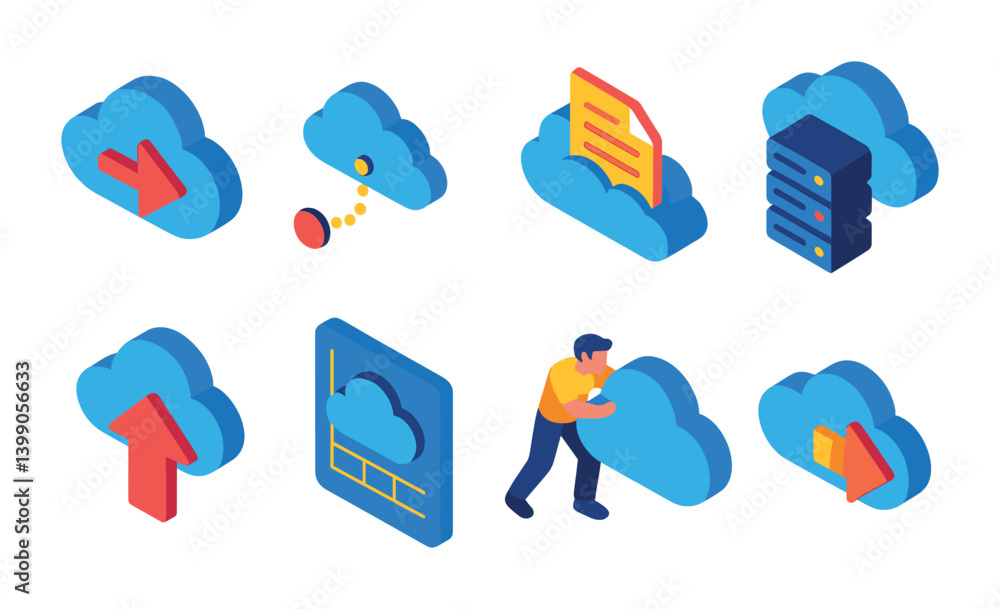 Aufkleber isometric flat vector set of icons of cloud migration: transfer arrow, migration path, move files to