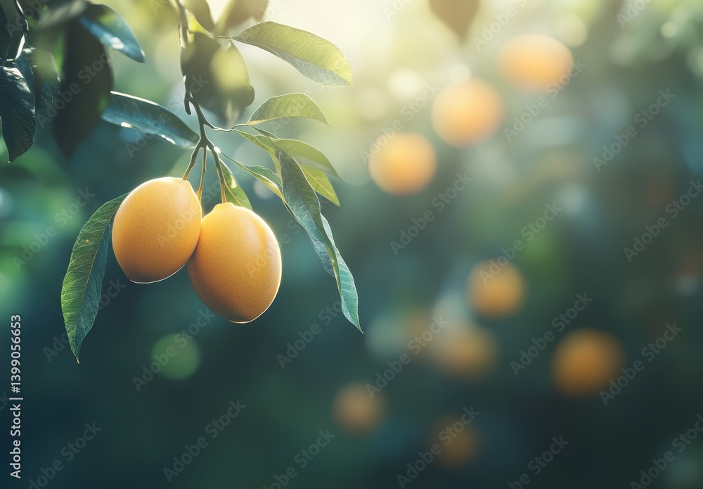 Poster fresh and ripe lemons hanging on a tree branch with sunlight glinting through with a soft green back