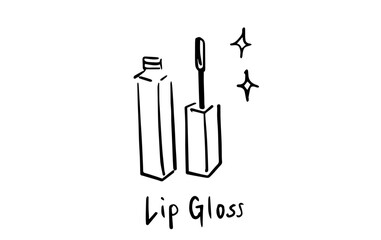 Hand-drawn illustration icon of lipstick and lip gloss. Girly and stylish cosmetic material for women.
