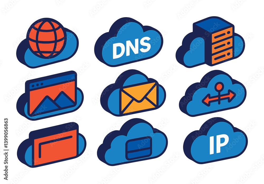 Poster isometric flat vector set of icons of hosting and domain: server icon, domain name, ip address, dns 