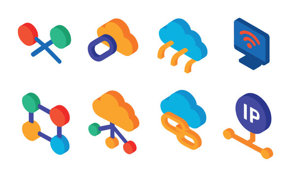Isometric flat vector set of icons of cloud connections: connect icon, link with cloud, bridge lines, remote icon, integration symbol, access point, virtual link, IP path. . , icons isolated