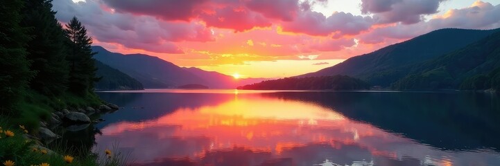 Fototapeta premium Sunset over a calm lake with trees and hills surrounding, tranquil, lake, water