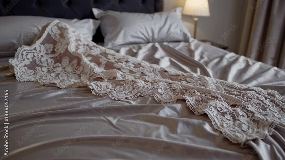 Poster close-up video of a lace fabric draped on a neatly made bed, captured from a low angle, highlighting