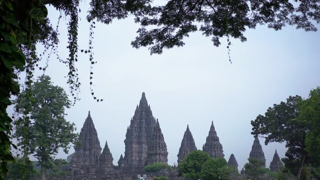 Landscape of Prambanan temple is a Hindu temple. Prambanan is a Monumental ancient architecture, carved stone walls in Indonesia Landmark