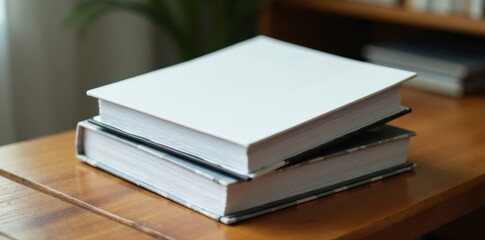 A stack of vertical photo albums with blank pages, sitting on a wooden table, paper, wood