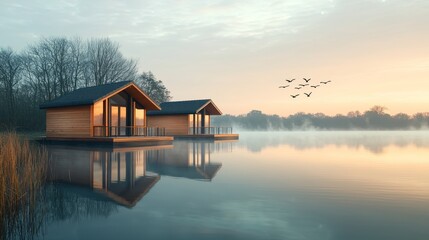 Fototapeta premium Serene Lakeside Cabins at Dawn with Soft Mist and Flying Birds