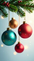 Colorful Christmas balls hang from a branch with greenery, lights, tree
