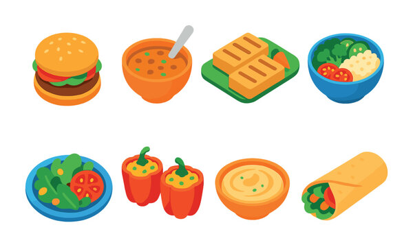 Naklejki 3d food icons set: burger, soup, wrap, more