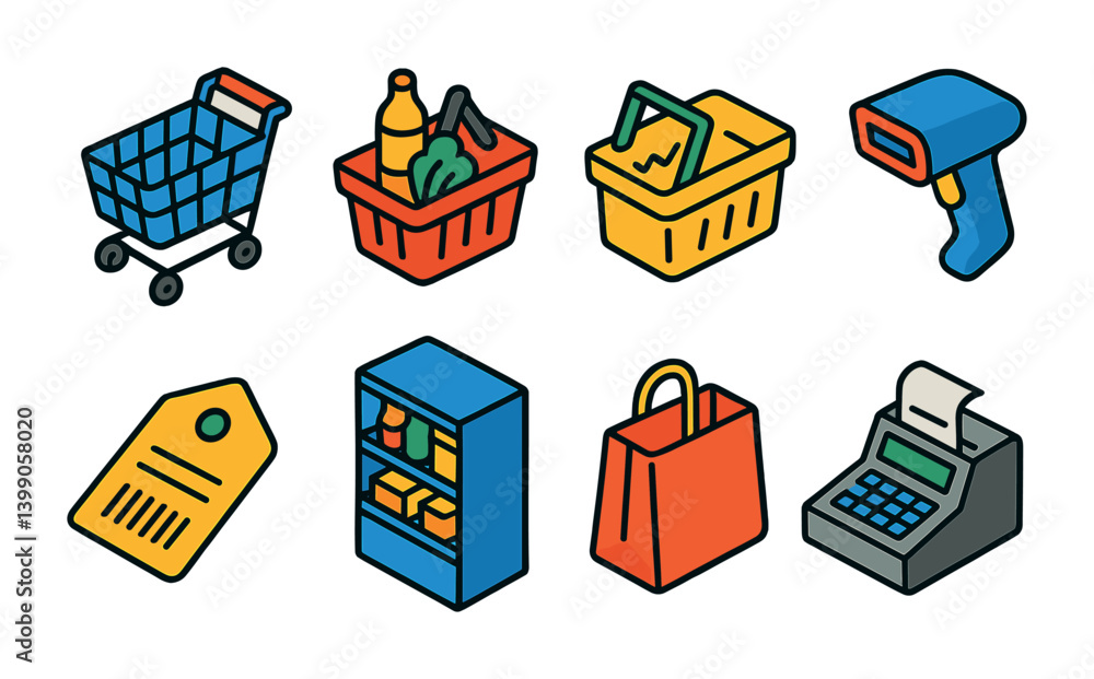 Poster isometric flat vector set of icons of shopping and errands: grocery list, item checkbox, quantity no