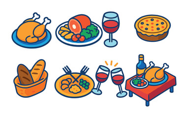 Fototapeta premium Isometric flat vector set of icons of festive meals: roast chicken, feast platter, bread basket, wine glass, decorated pie, shared plate, cheers icon, full table. isolated transparent background.