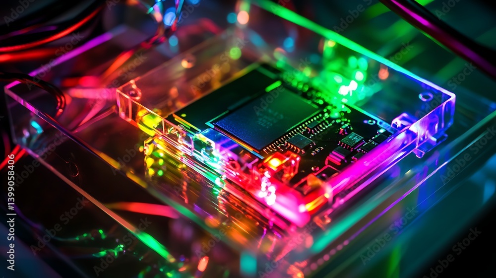 Poster close-up of a vibrant microchip illuminated with colorful led lights showcasing intricate details an