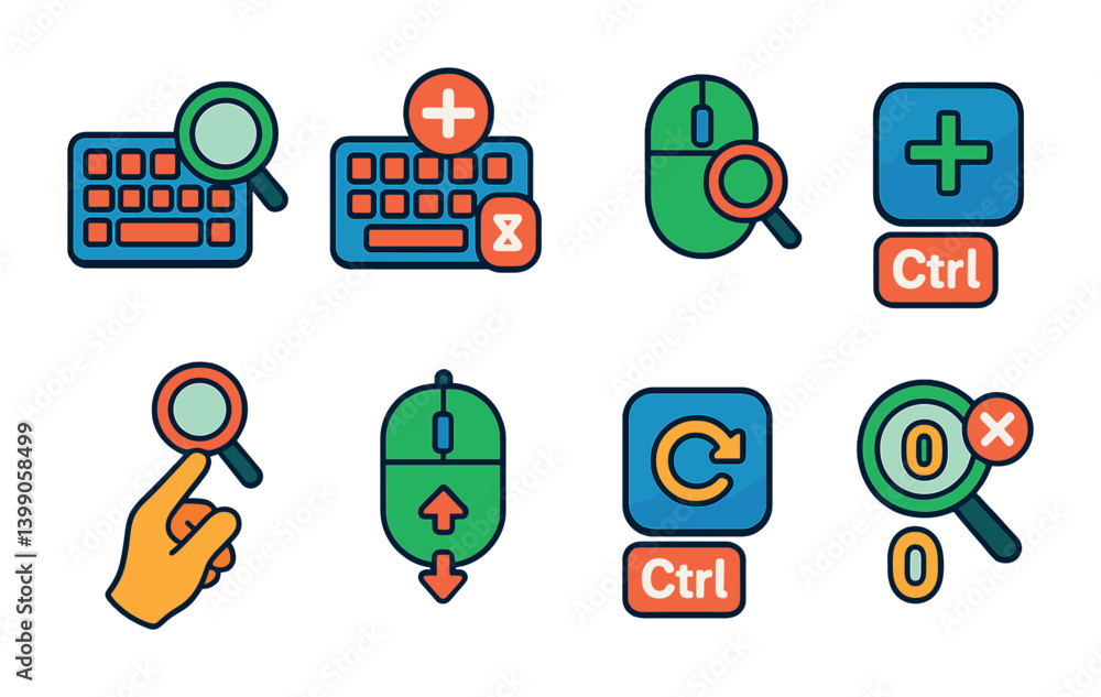 Aufkleber isometric flat vector set of icons of zoom shortcuts: keyboard zoom, hotkey for zoom, zoom via mouse