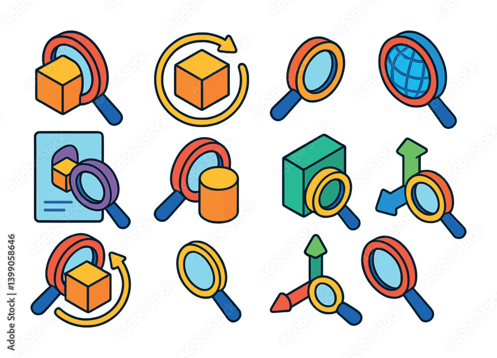 Poster isometric flat vector set of icons of zoom on 3d models: 3d object magnify, zoom camera orbit, zoom 