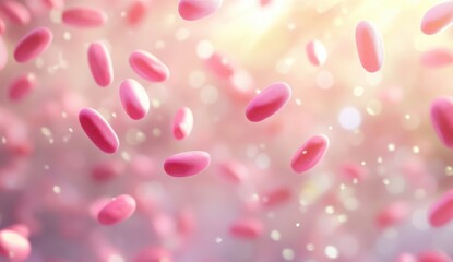 Pink pills floating in sunlight