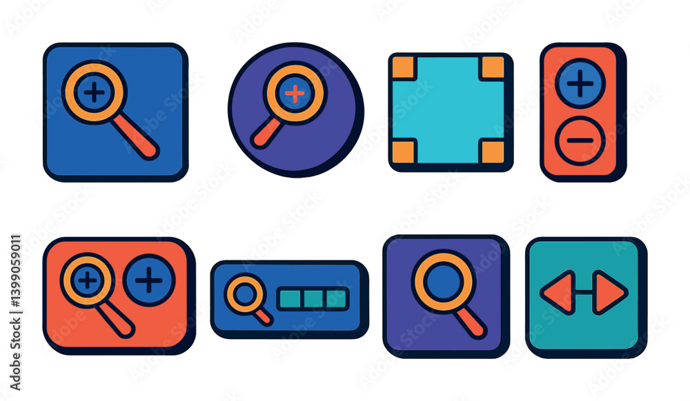 Poster colorful 3d magnifying glass icon set for zoom and search functions