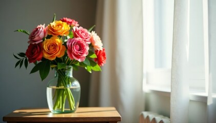 Fototapeta premium beautyful flower arrangement in bottle vase on nightstand, trendy bedroom, modern interior