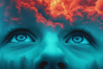 Naklejka premium Surreal glowing face of young caucasian boy with blue skin tone and wide open eyes staring into vibrant red clouds, symbolizing imagination, mental depth, double exposure