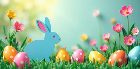 Colorful paper cut rabbit surrounded by eggs and flowers in a spring garden, eggs, paper cut art