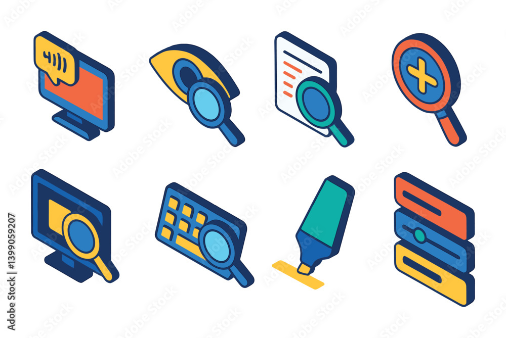 Poster isometric flat vector set of icons of accessibility tools: font size toggle, contrast mode, screen r
